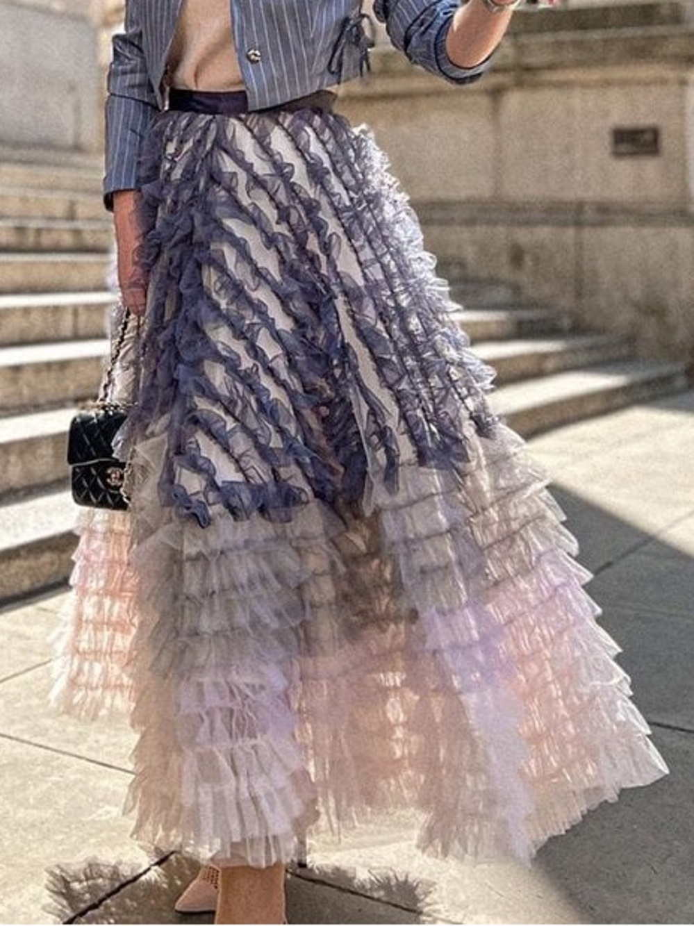 Chicwish Gray Gradient Tiered Ruffle Mesh Tulle Maxi Skirt XL
